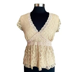 Surrealist VTG Lace Babydoll Top Y2K Beige Sz M Stretch Fairy Coquette Feminine